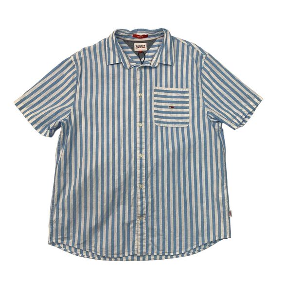 Tommy Hilfiger Jeans Shirt Mens XL Blue Skysail Striped Relaxed Fit Linen Blend - Picture 1 of 14